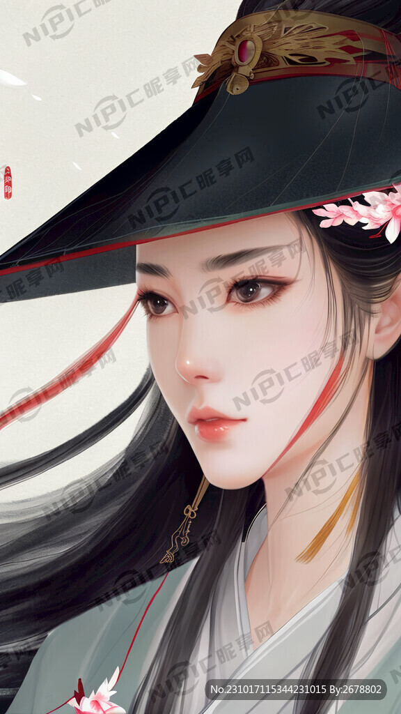 小说封面古风带围帽的女子
