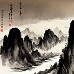 山谷，中国风，中国画，山水，水墨风格，写意，意境，高雅，高清，仙风道骨。