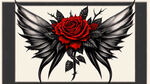 荆棘组成的翅膀，荆棘中长出很多朵玫瑰，整体为文身风格。线条清晰，黑红色