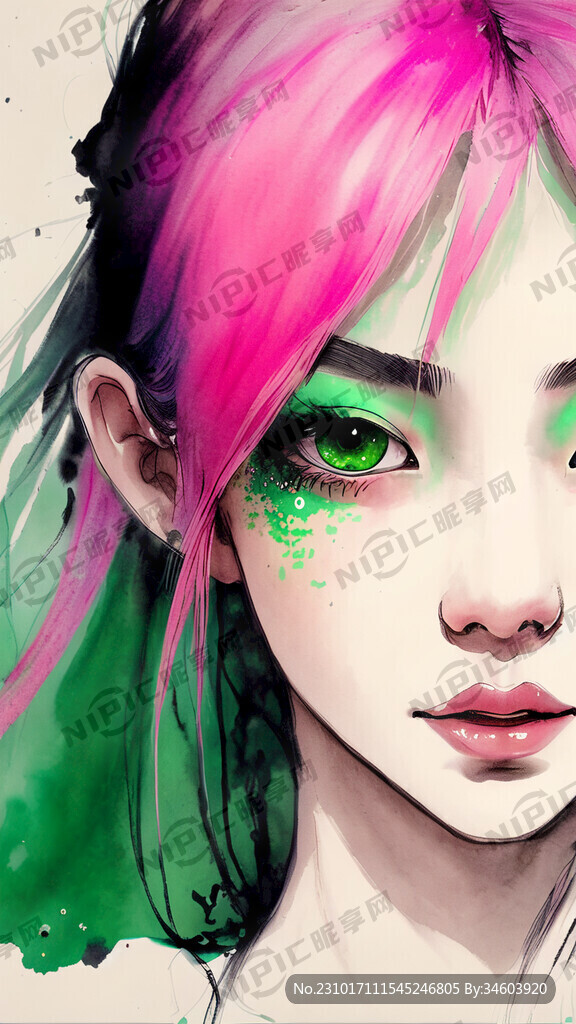 绿发 科技 粉色眼睛 绿色眼睛