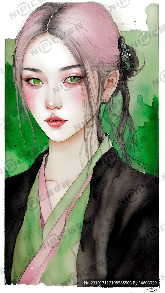 绿发 中国风 粉色眼睛 女孩