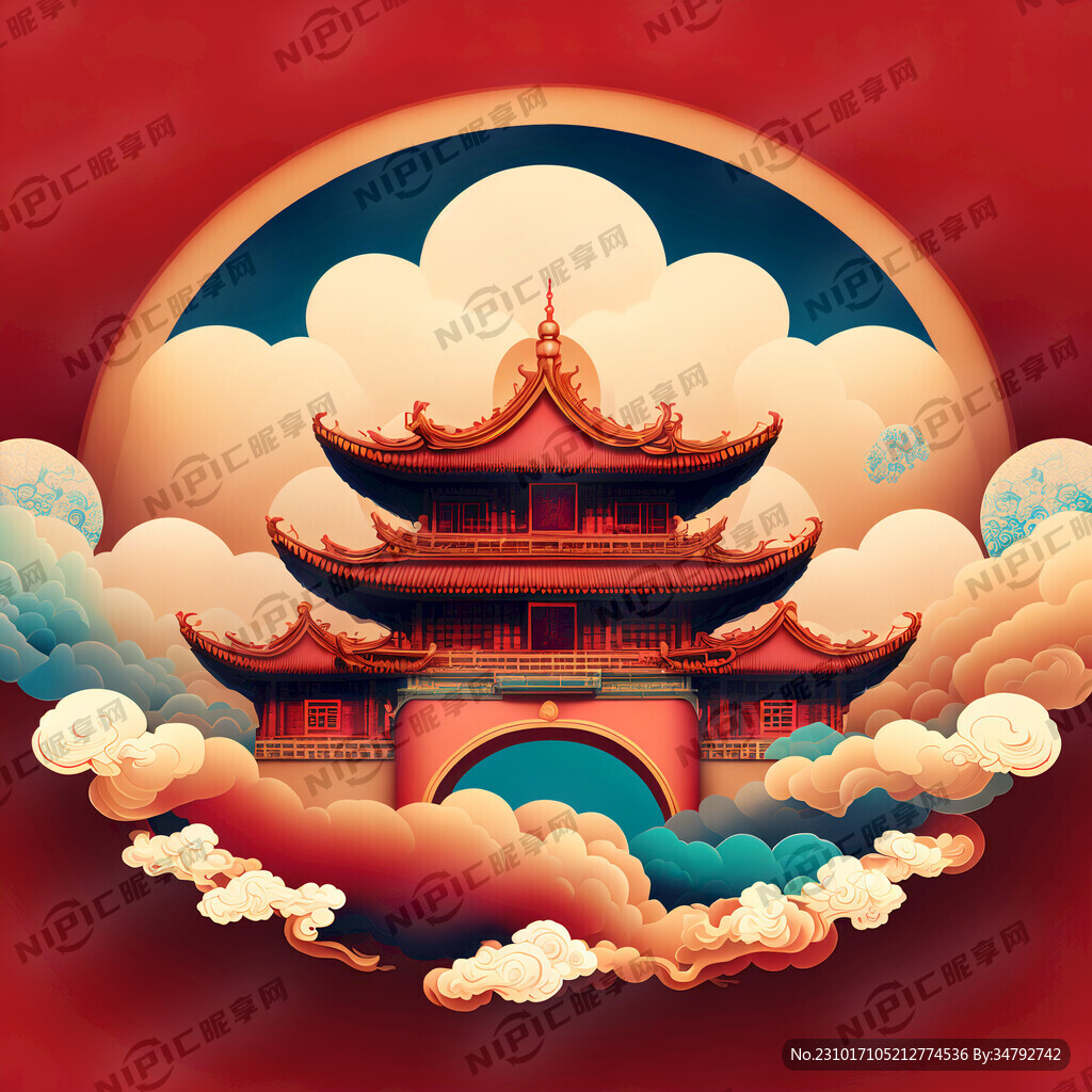 抽象棕红色背景底苏州建筑复古龙