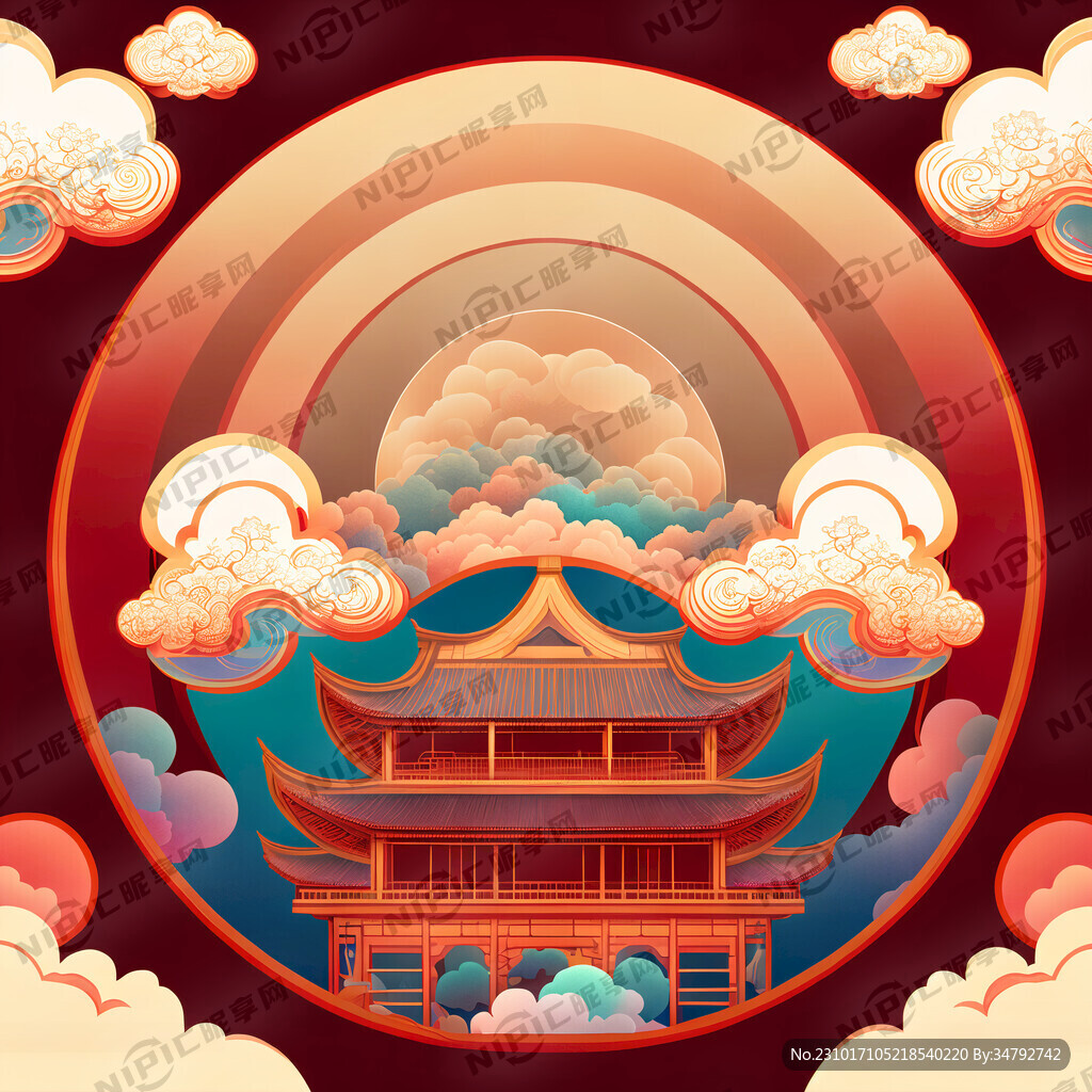 抽象棕红色背景底苏州建筑复古龙