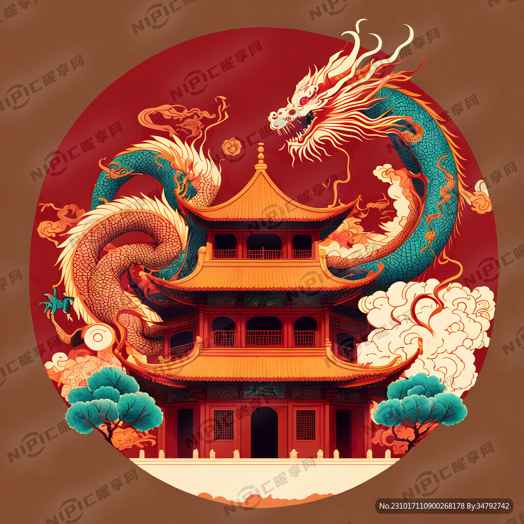 抽象棕红色背景底苏州建筑复古龙