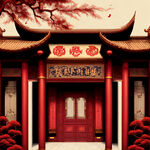棕红色新中式建筑背景底复古抽象龙加龙腾纹路新年油画棉麻油画布