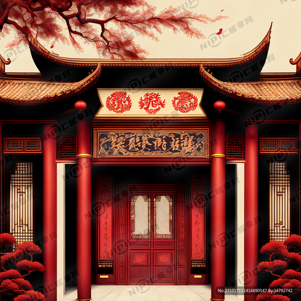 棕红色新中式建筑背景底复古抽象