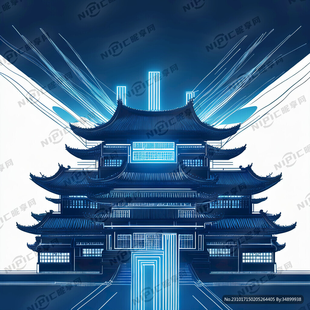科技线条建筑 周边是深蓝色背景