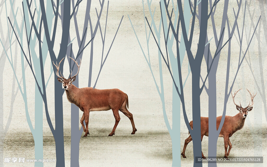 现代简约抽象森林里的麋鹿背景墙