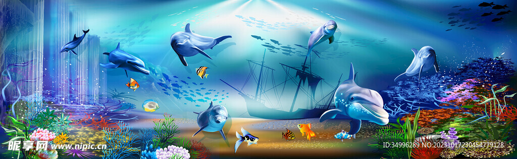 3D大型海洋海底世界海豚背景墙