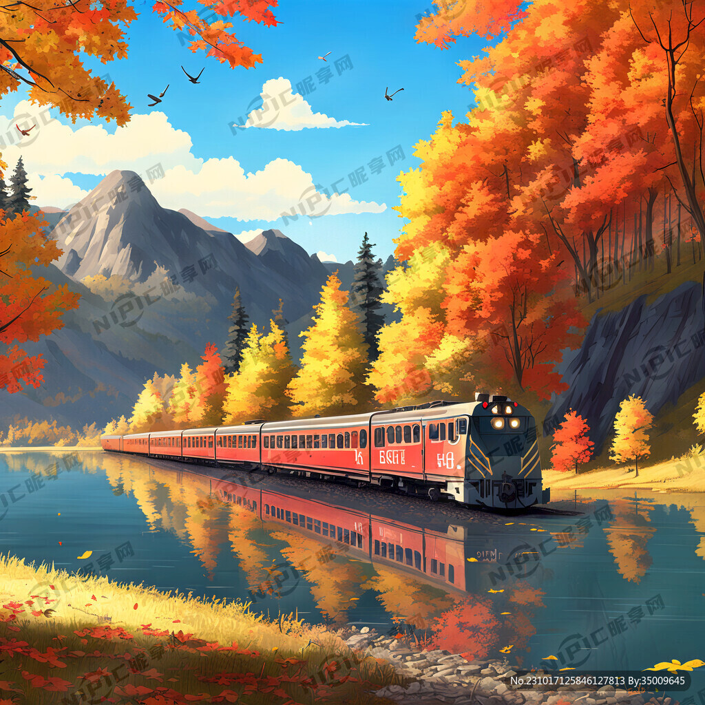 秋千湖边繁华秋天火车