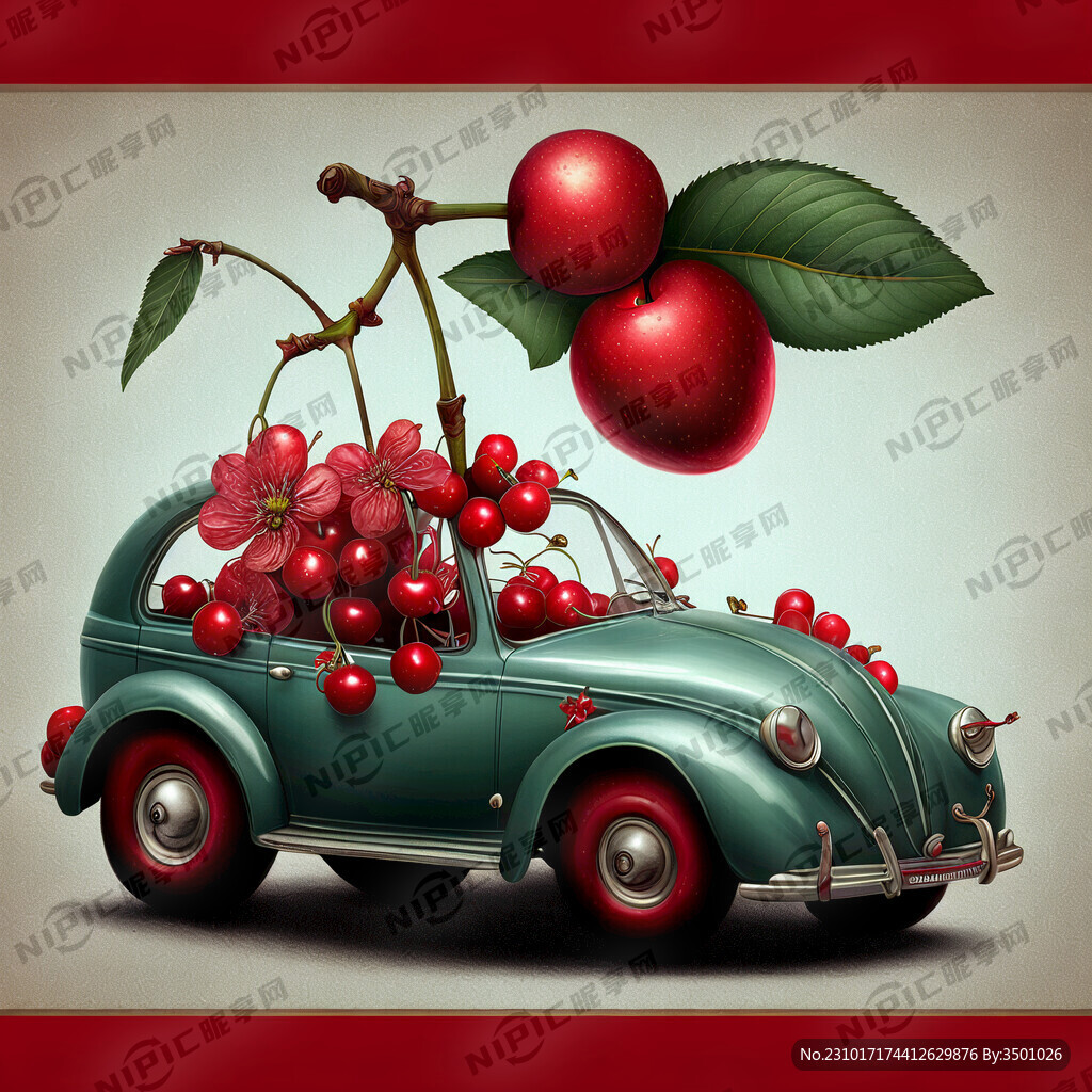 车厘子 水果 插画 红色 花边
