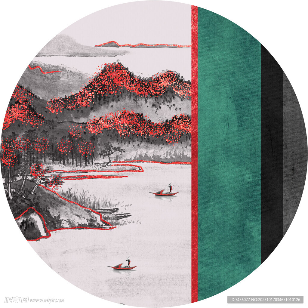 水墨山脉圆形挂画装饰画