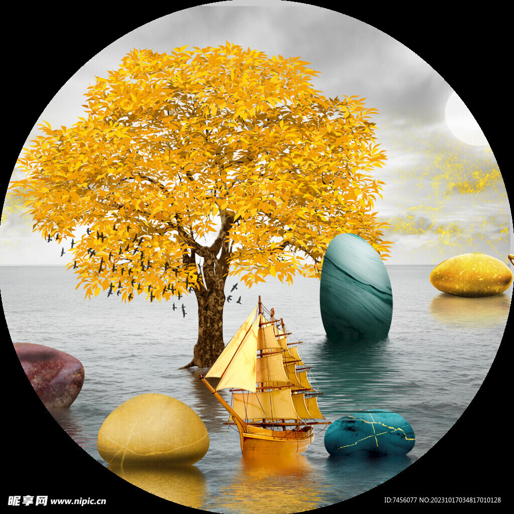 发财树湖畔圆形装饰画