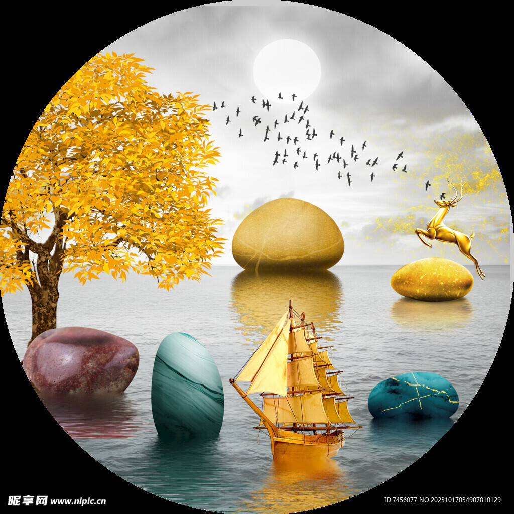 发财树鹅卵石湖畔圆形挂画