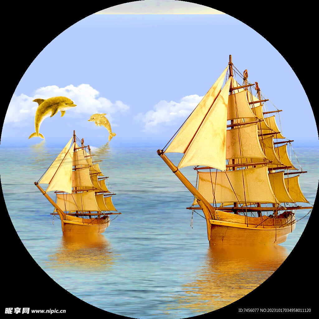 唯美湖畔帆船圆形挂画装饰画