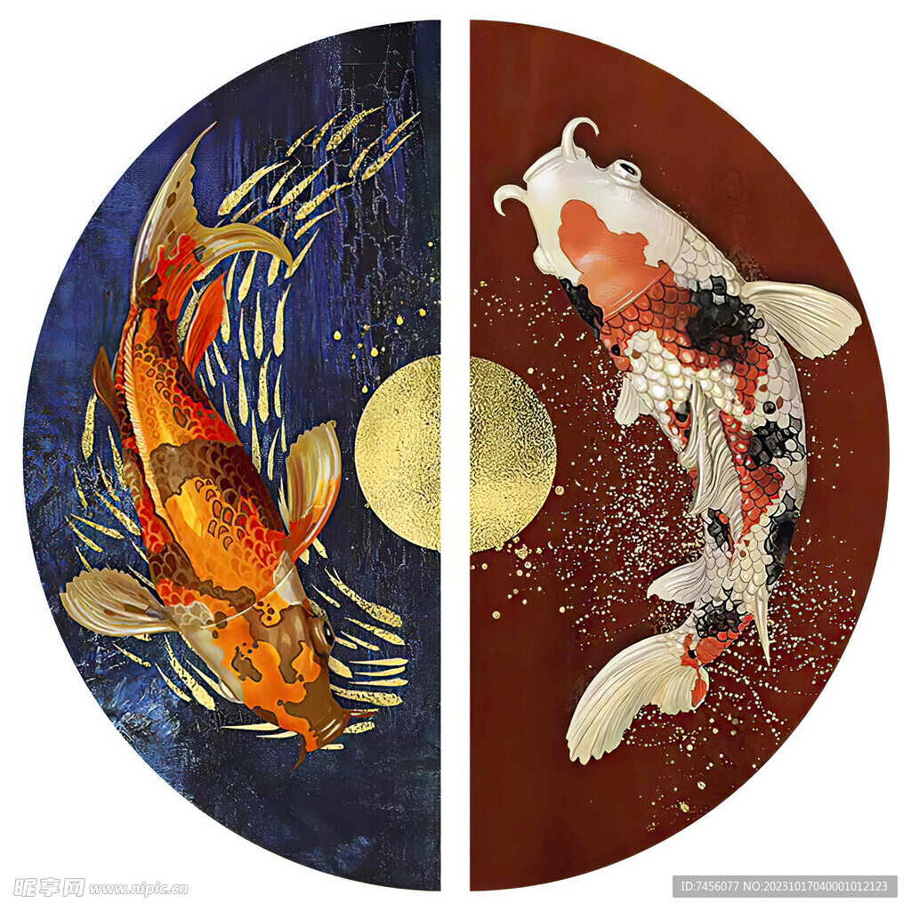 水彩游鱼圆形挂画装饰画