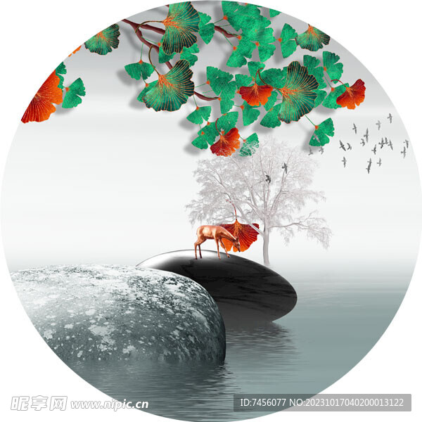 水彩树枝湖畔鹅卵石圆形挂画