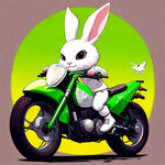 小白兔形象，女生，骑绿色本田幼兽摩托车；机车风；酷炫；标志。