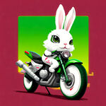 小白兔形象，女生，穿摩托服，骑绿色本田幼兽摩托车；机车风；酷炫；标志。