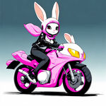 小白兔骑摩托车，女生，带黑色头盔，粉色本田幼兽摩托车，全身，机车风，二次元漫画。