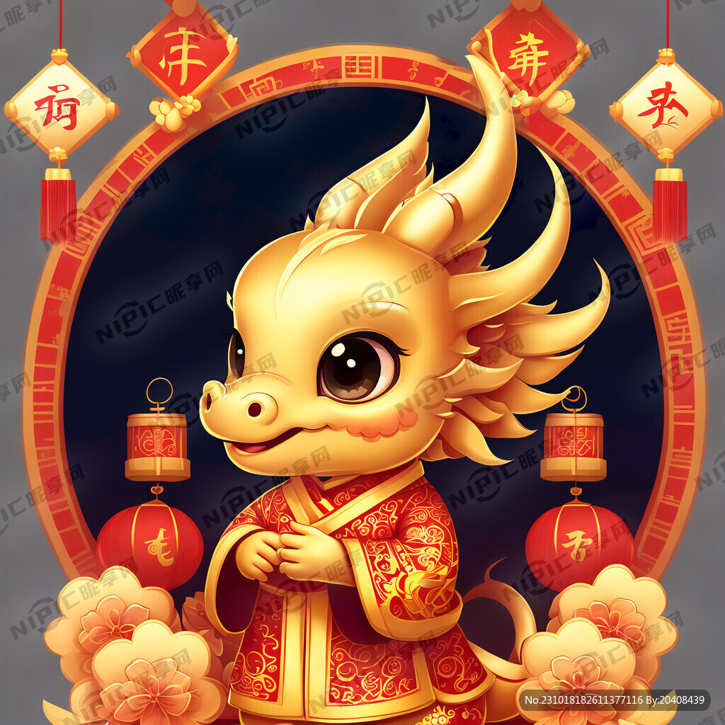 可爱卡通金色龙宝宝穿着新年衣服