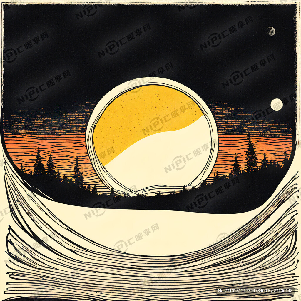 线条绘制的弯月和太阳