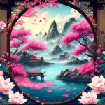 游戏梦幻唯美新中式风景，超高清，细节刻画，沐浴在花瓣里满天花瓣，飘渺电影般环境，明亮清晰