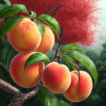 一大棵桃树，结满桃子，绿色叶子，红色果子
