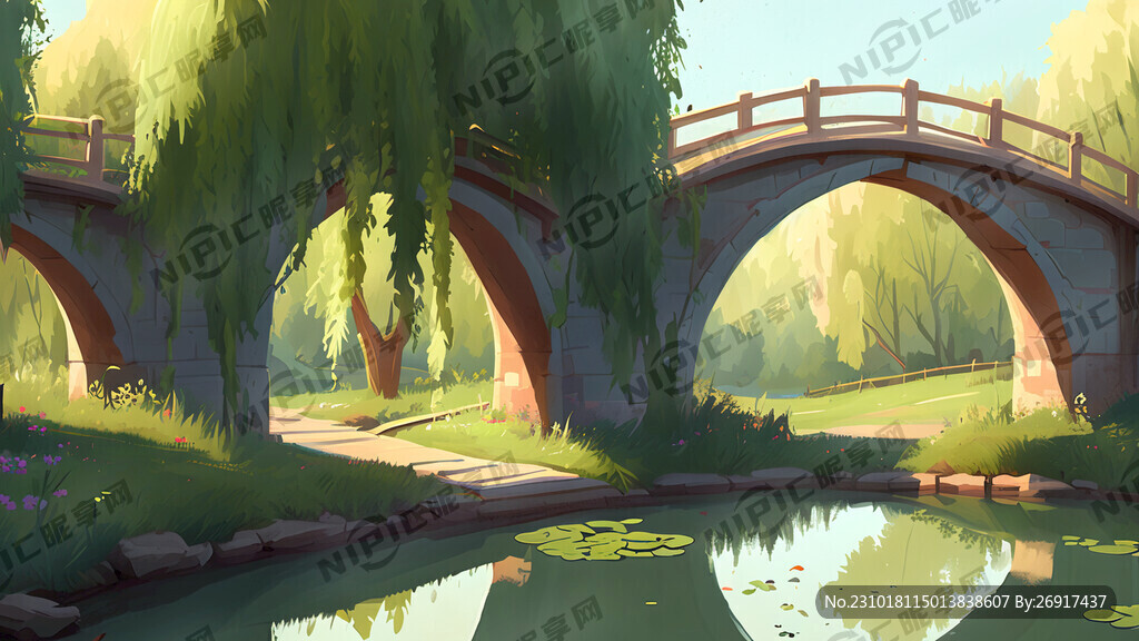 一张主体是一座拱桥有小池塘柳树