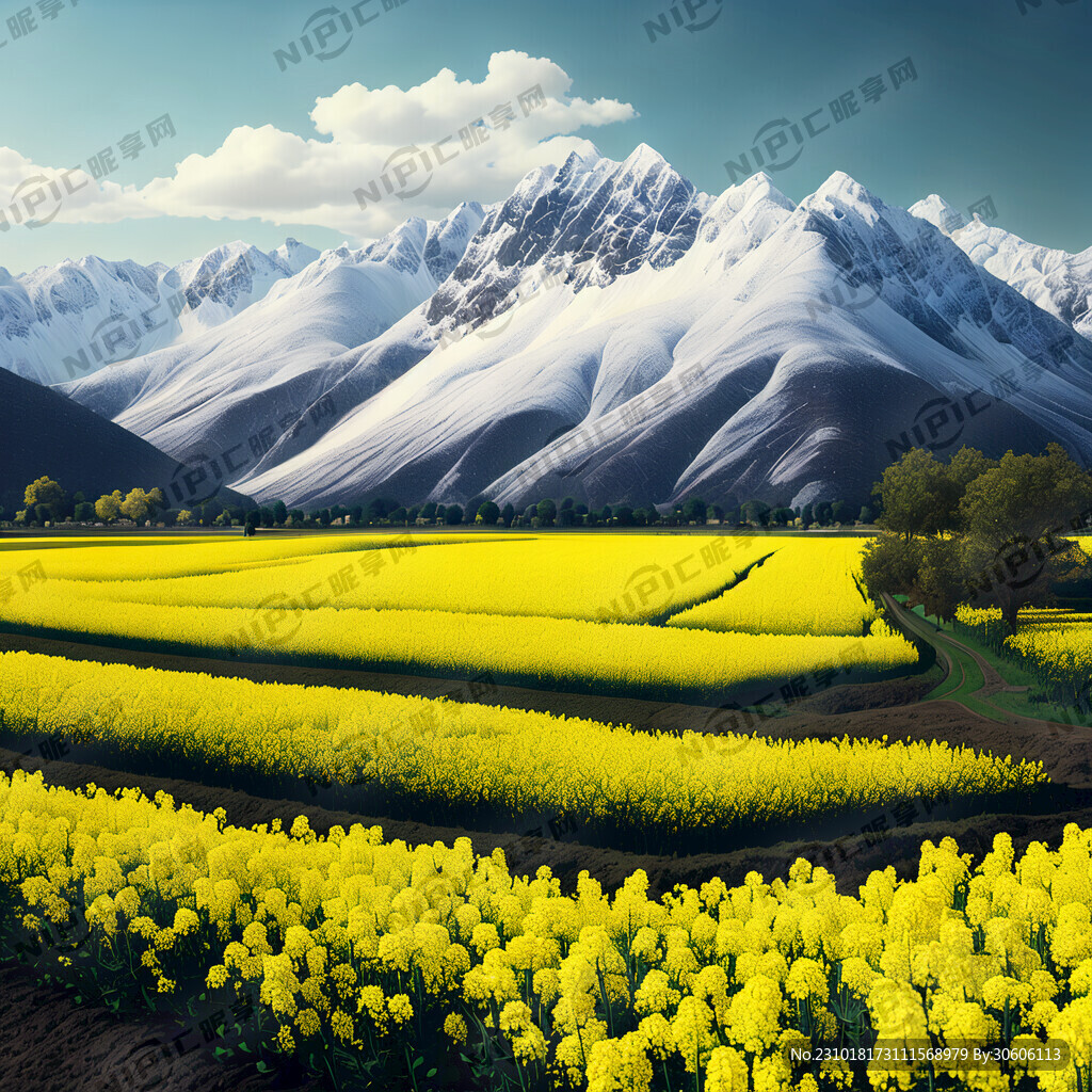 菜籽田园 雪山
