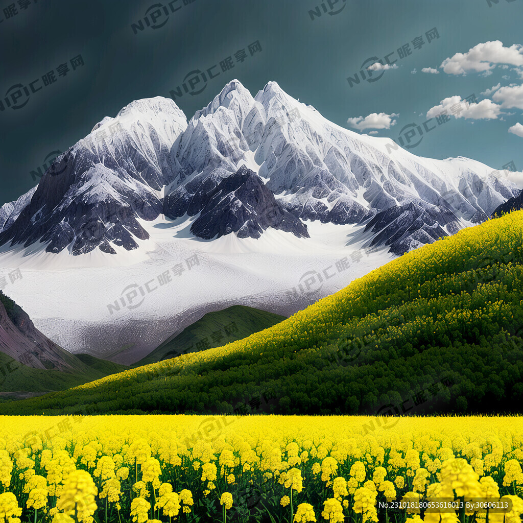 油菜花 突出单独菜花 雪山