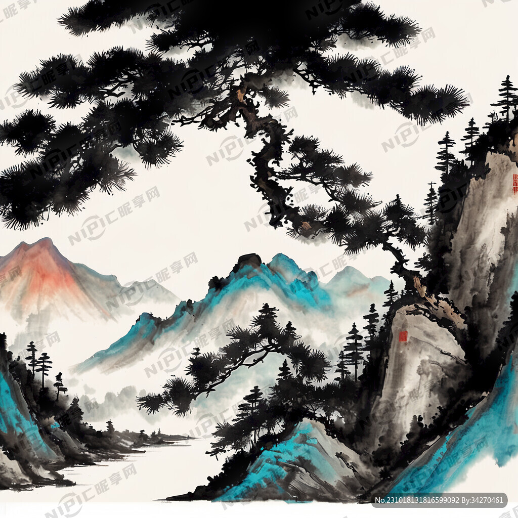 国画松柏长青背有靠山
