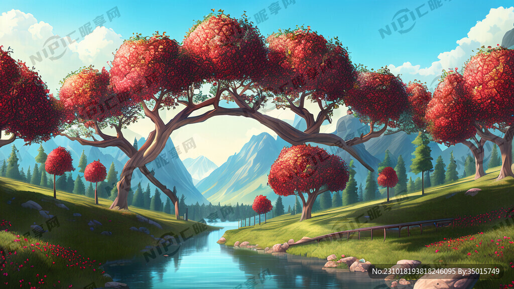 苹果林 山 水 桥 天空