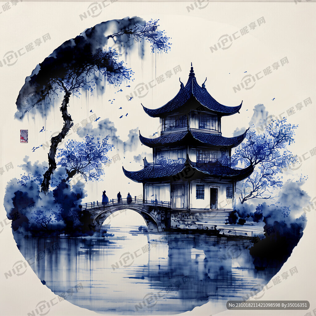青花瓷 水墨 烟雨江南