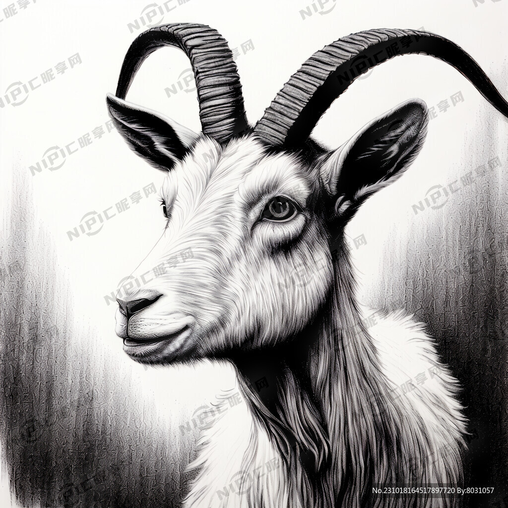 母山羊钢笔画白底自然无犄角