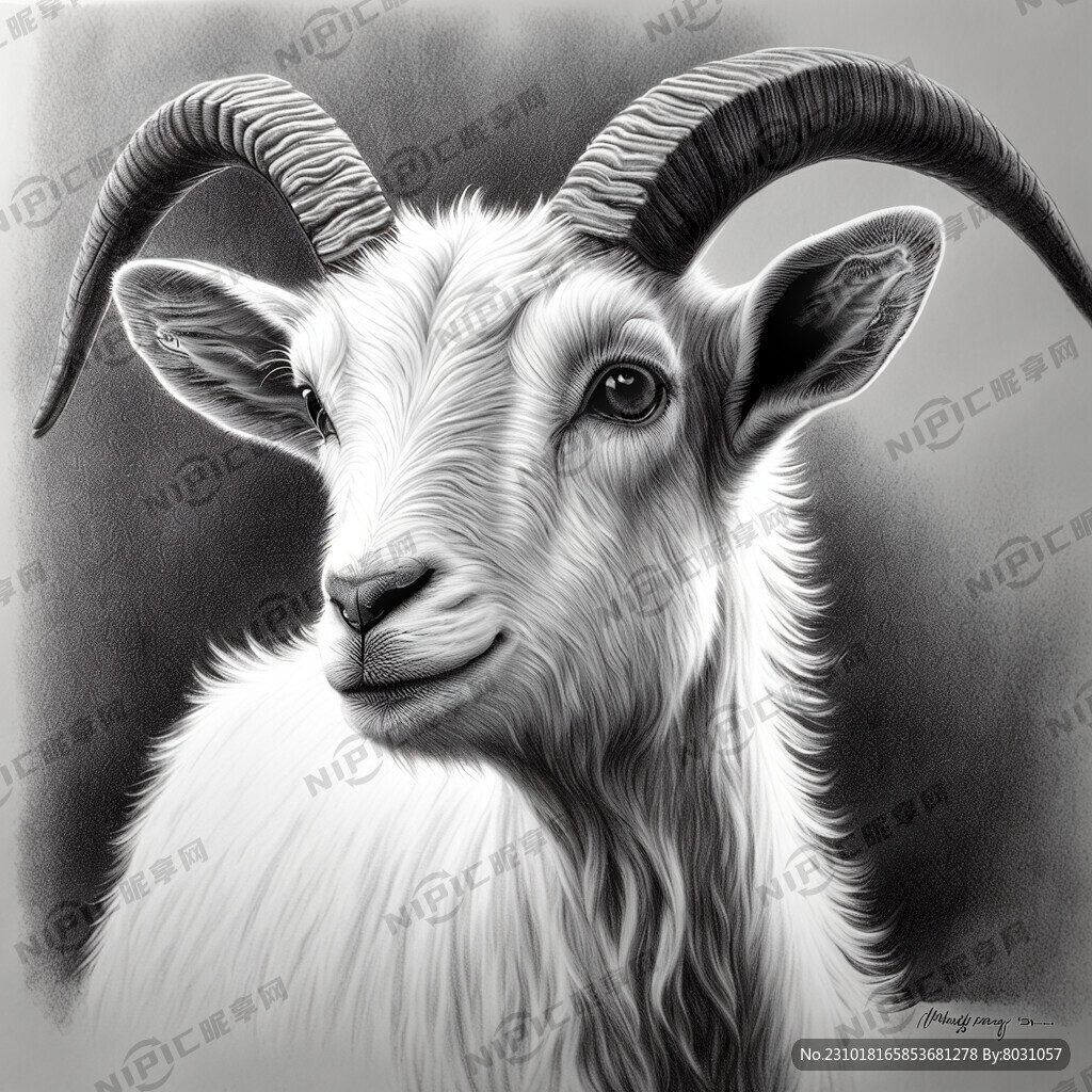 母山羊钢笔画白底自然短小犄角