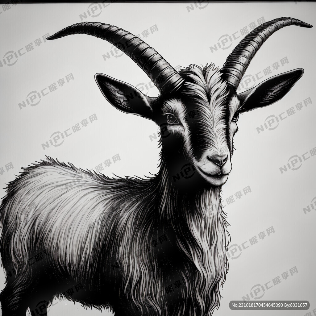 长着小犄角的母羊 山羊 钢笔画