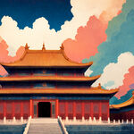 描绘故宫宏伟古建筑群的艺术插画，充满神秘色彩