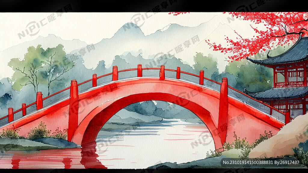 中国风红色拱桥