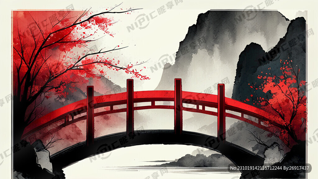 中国风卡通红色拱桥