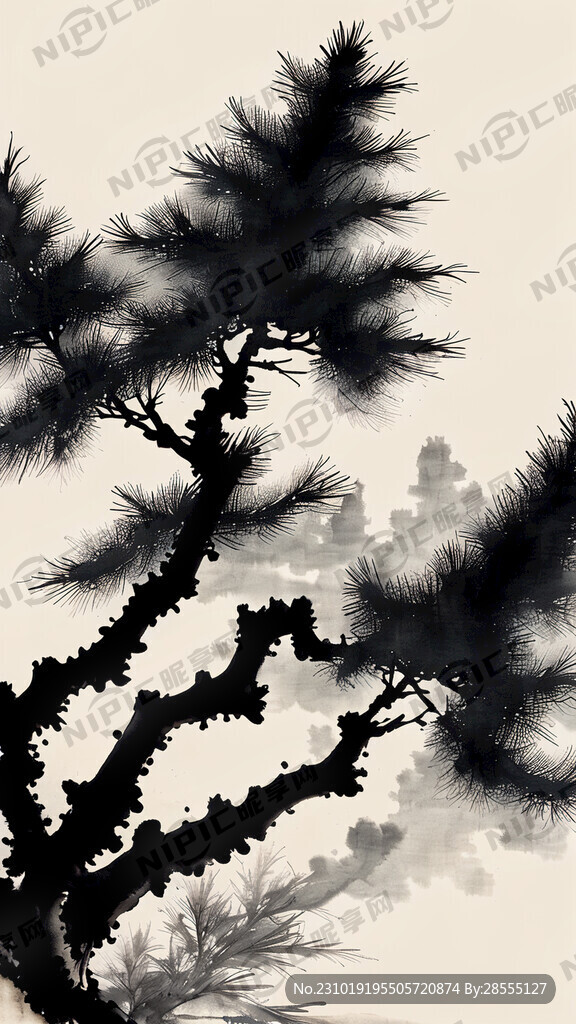 杉树水墨深浅不一