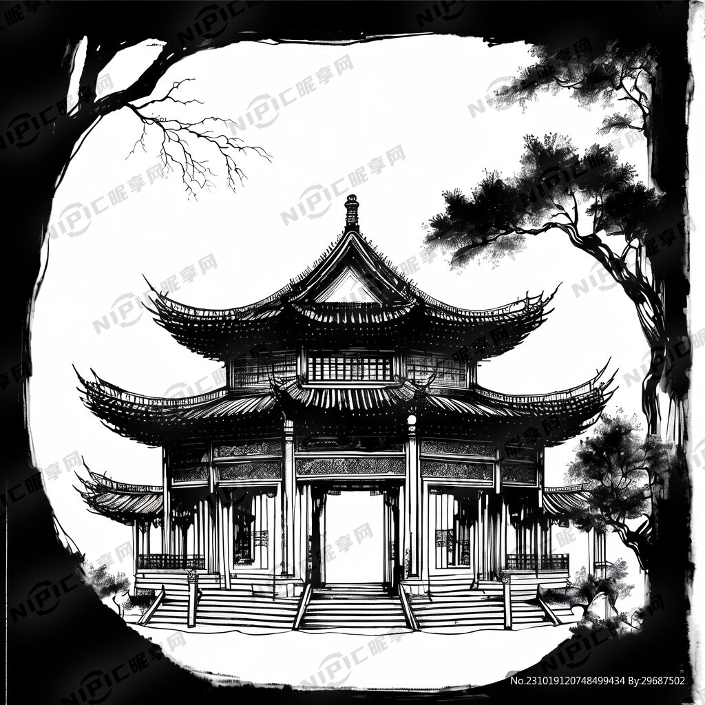 用黑色线条画一个古风建筑线条越