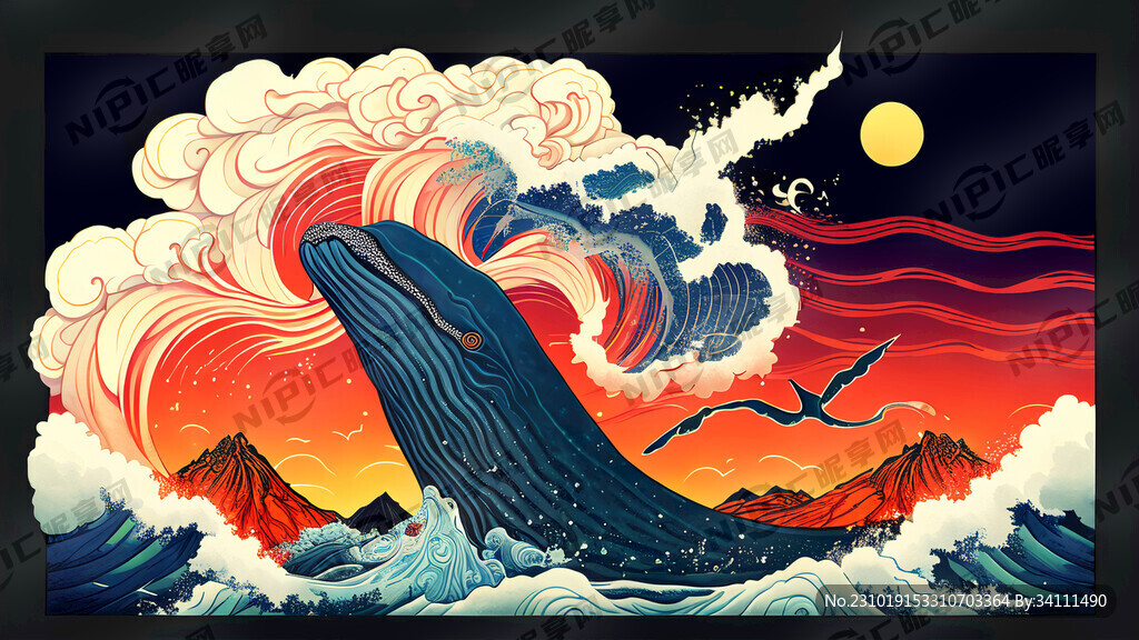 国潮风格 海浪 大山 祥云