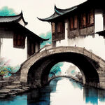 宫崎骏风格的中国江南水乡特色的石桥