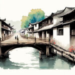 宫崎骏风格的中国江南水乡特色的木桥