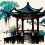 宫崎骏风格的中国江南水乡特色的长亭