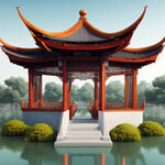 日系风格的江南水乡特色的长亭