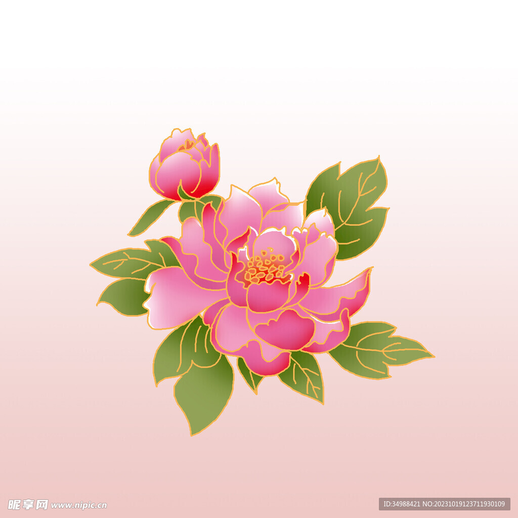 新国潮手绘粉色牡丹花扁平插画