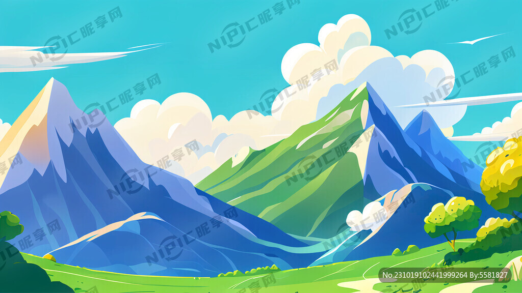 卡通柑橘蓝天白云绿水青山