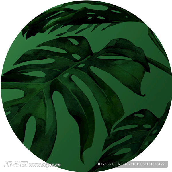 水彩绿叶时尚圆形挂画装饰画